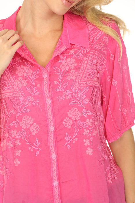 Johnny Was Pink Embroidered Button-Down Blouse LT2068
