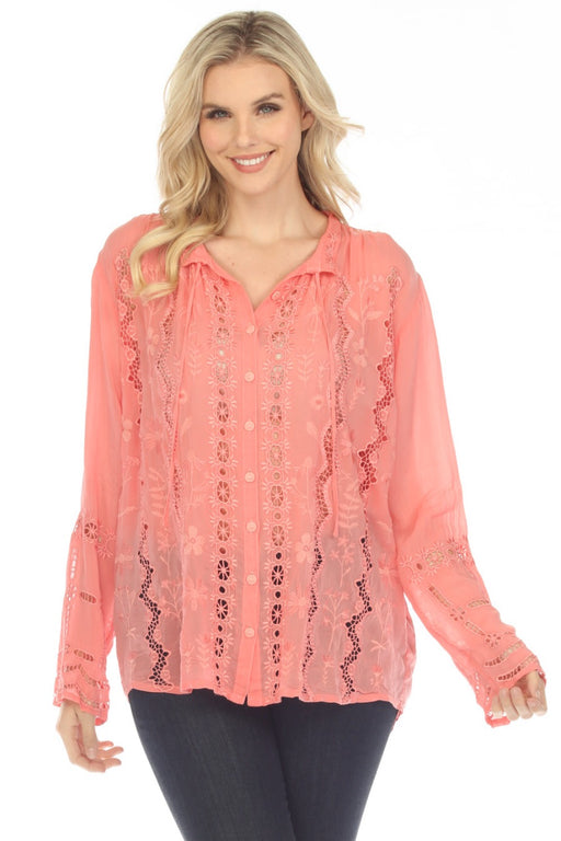 Johnny Was Style C13423 Pink Irini Embroidered Button-Down Blouse Boho Chic