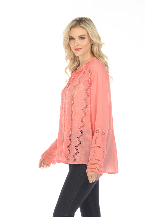 Johnny Was Pink Irini Embroidered Button-Down Blouse Boho Chic C13423