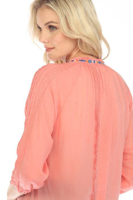 Johnny Was Pink Leona Embroidered 3/4 Sleeve Tunic Top Boho Chic C26123