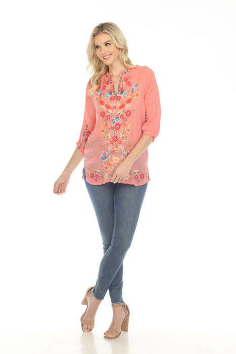 Johnny Was Pink Leona Embroidered 3/4 Sleeve Tunic Top Boho Chic C26123