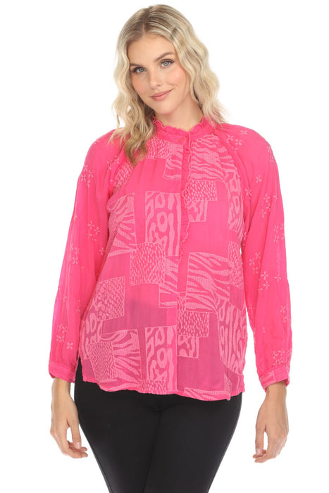 Johnny Was Style C19925-R Pink Molli Embroidered Button-Down Blouse