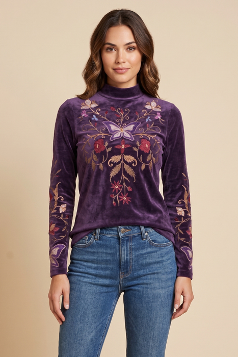 Johnny Was Carminia Bounce Velour Mock Neck Long Sleeve Top  J17125-O