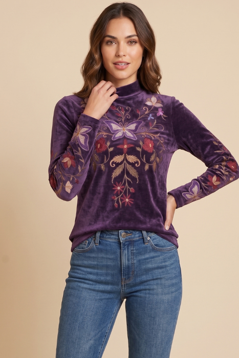 Johnny Was Carminia Bounce Velour Mock Neck Long Sleeve Top  J17125-O