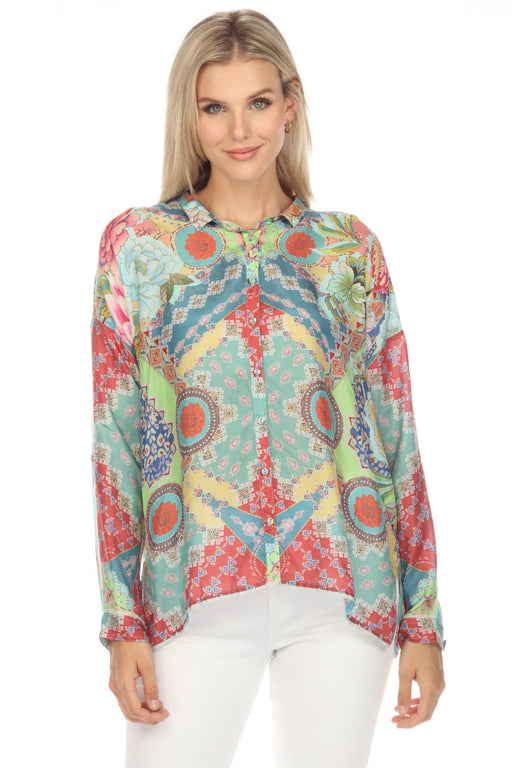 Johnny Was Style C19723 Prisma Seline Silk Floral Button-Down Blouse Boho Chic