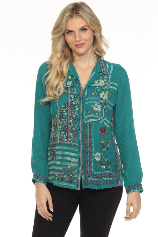 Johnny Was Style C16224-7 Quetzal Green Daniel Embroidered Button-Down Blouse