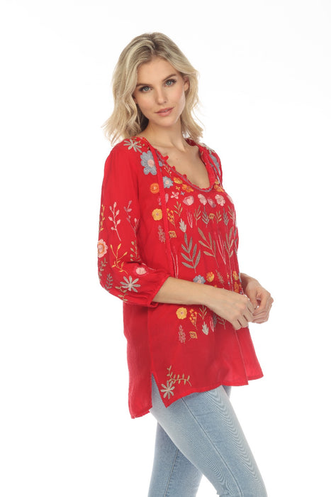 Johnny Was Mikah Floral Embroidered 3/4 Sleeve Tunic Top Boho Chic C26023 NEW