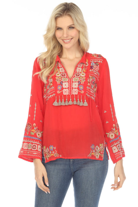 Johnny Was Style C17123 Red Coriander Tasseled Embroidered Blouse Boho Chic