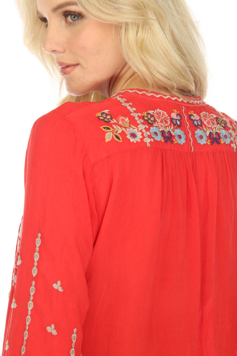 Johnny Was Red Coriander Tasseled Embroidered Blouse Boho Chic C17123