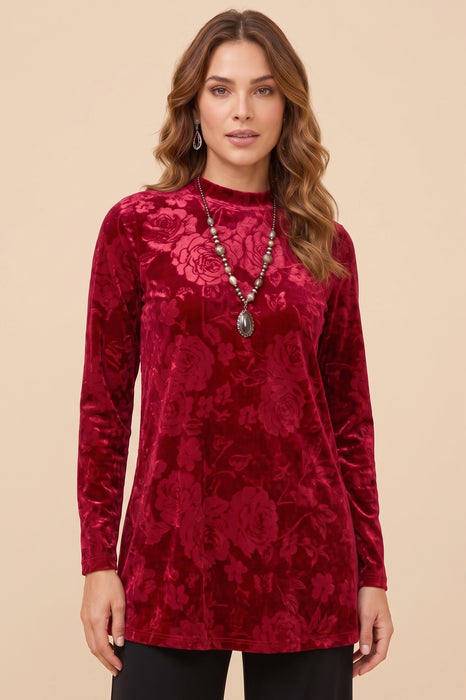 Johnny Was Red Embossed Stretch Long Sleeve Velvet Tunic J27825-0
