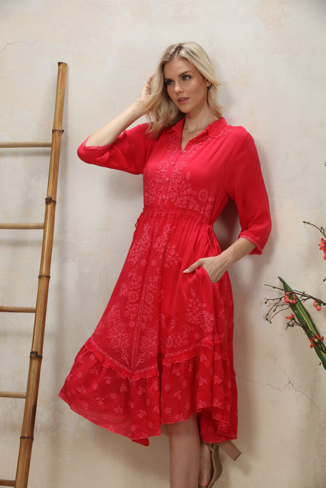 Johnny Was Red Embroidered Midi Vipiana Dress Slip C37025-1