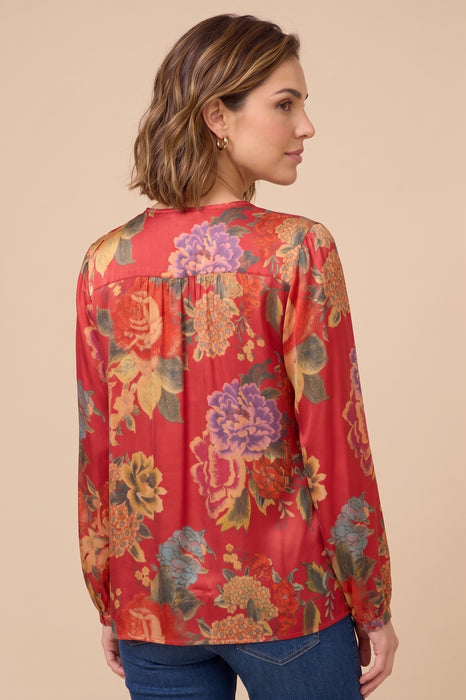 Johnny Was Red Floral Curved Hem Prairie Blouse W16525-O