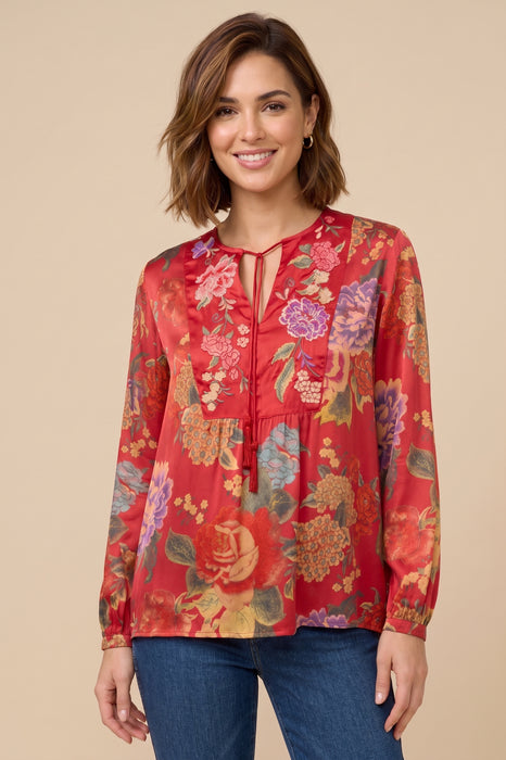 Johnny Was Red Floral Curved Hem Prairie Blouse W16525-O
