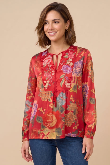 Johnny Was Red Floral Curved Hem Prairie Blouse W16525-O