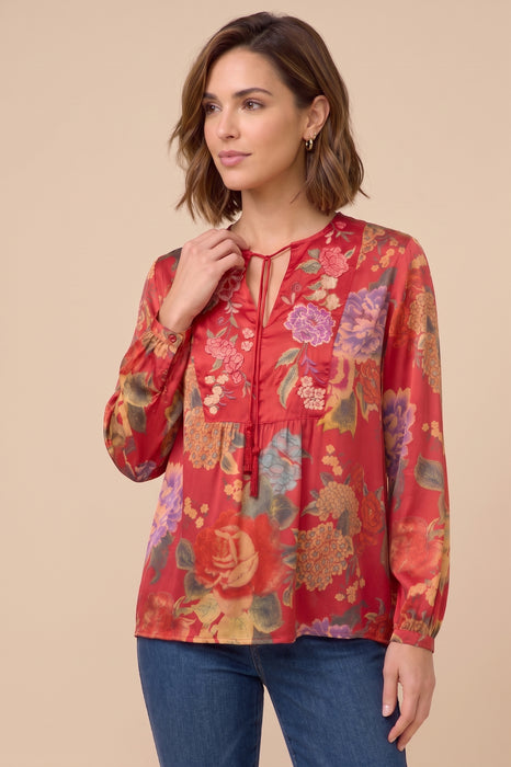 Johnny Was Red Floral Curved Hem Prairie Blouse W16525-O