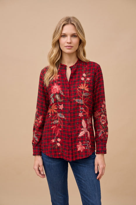 Johnny Was Red Floral Plaid Penellope Ruffle Collar Blouse W17425-O
