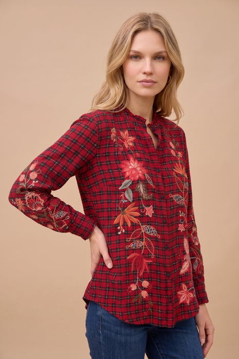 Johnny Was Red Floral Plaid Penellope Ruffle Collar Blouse W17425-O
