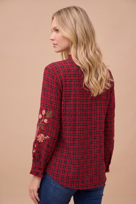 Johnny Was Red Floral Plaid Penellope Ruffle Collar Blouse W17425-O