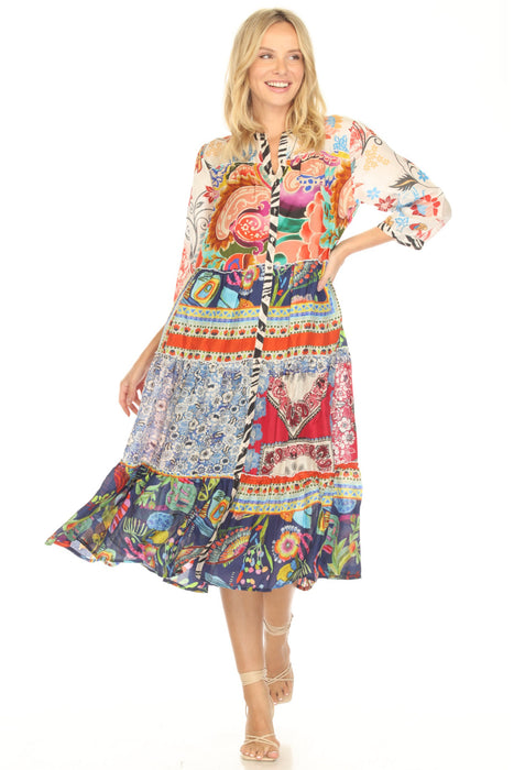 Johnny Was Regia Floral Silk Midi Tiered Dress C38325-1