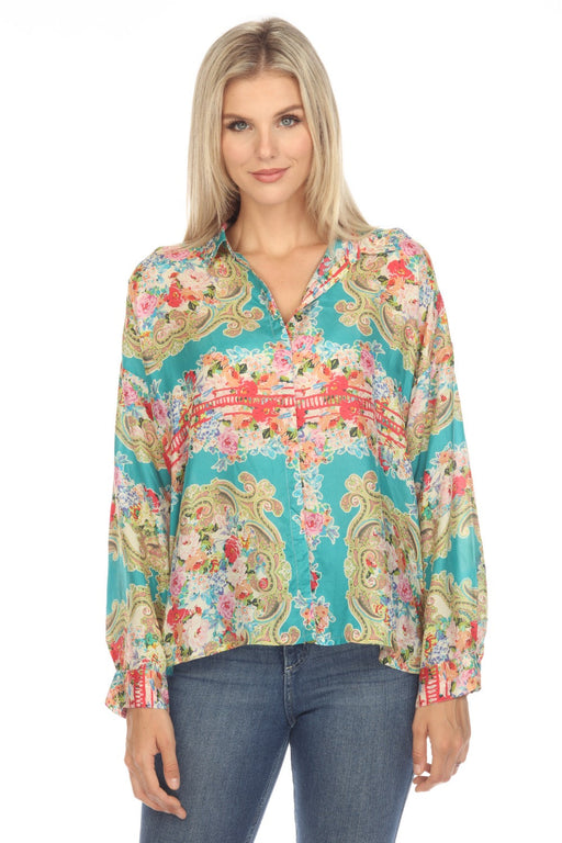 Johnny Was Style C13623 Rivoray Arie Silk Paisley Floral Button Up Top Plus Size