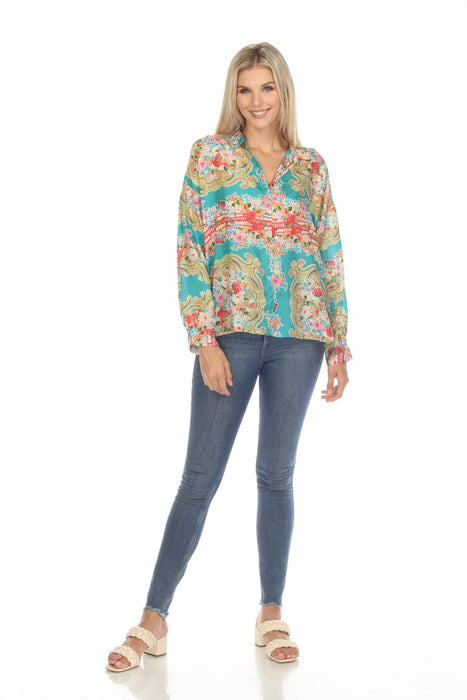 Johnny Was Rivoray Arie Silk Paisley Floral Button Up Top Plus Size C13623