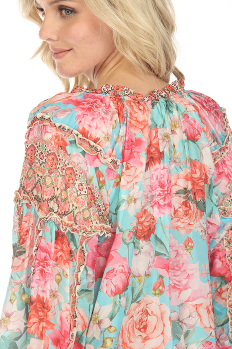 Johnny Was Rose Narcisa Silk Floral Long Sleeve Blouse Boho Chic C19823