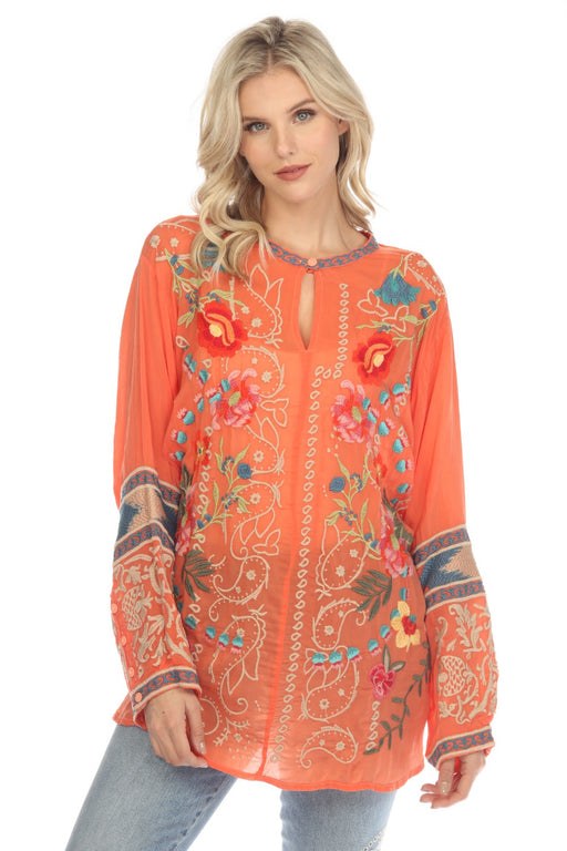 Johnny Was Style C17722 Salmon Tamarind Embroidered Long Sleeve Blouse Plus Size Boho Chic