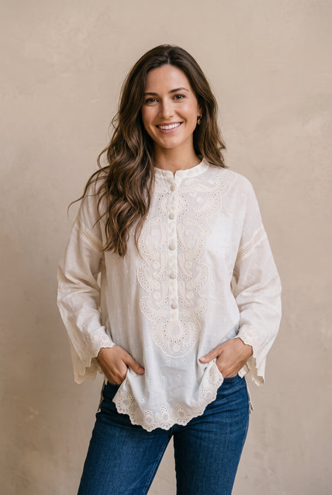 Johnny Was Sashiko Eyelet Long Sleeve Ella Blouse C15026-2