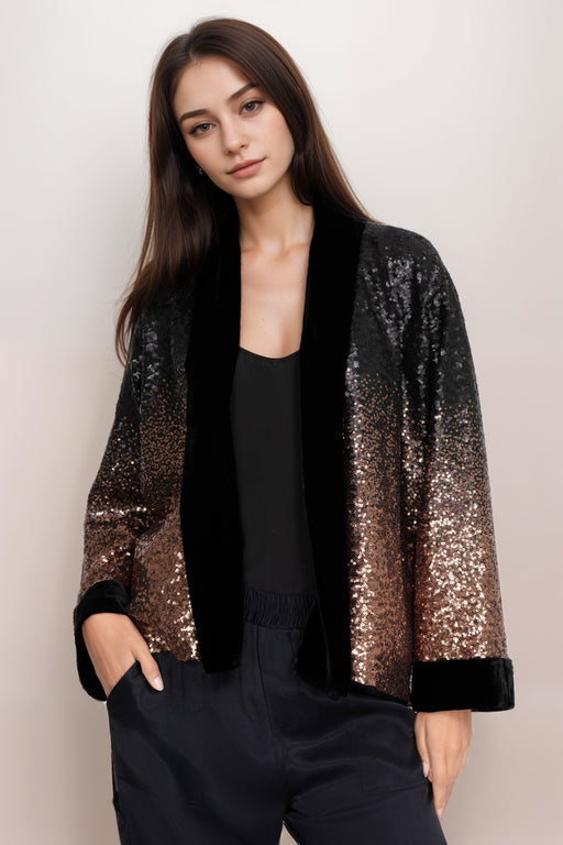 Women wearing an ombré patterned sequin kimono with open front from Johnny Was