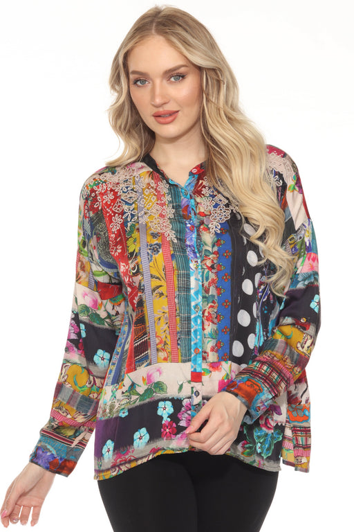 Woman wearing a colorful silk button down shirt with mix patchwork print and embroidered yoke