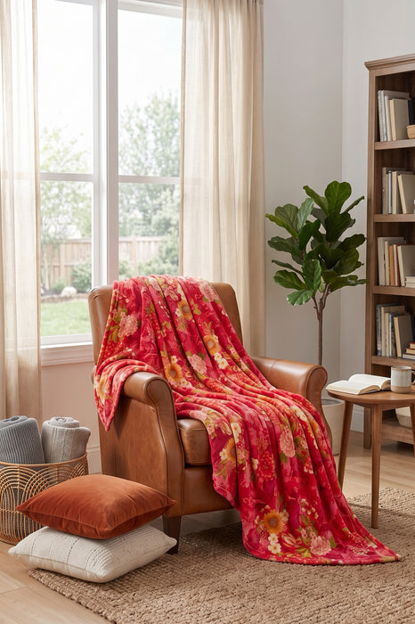 A red floral throw blanket with yellow and orange accents from Johnny Was is draped over a brown leather armchair in a cozy, sunlit living room with beige curtains, a bookshelf, and a potted plant.