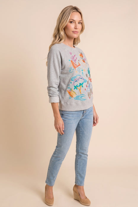 Johnny Was Texas Embroidered Raglan Sweatshirt Boho Chic R45422*