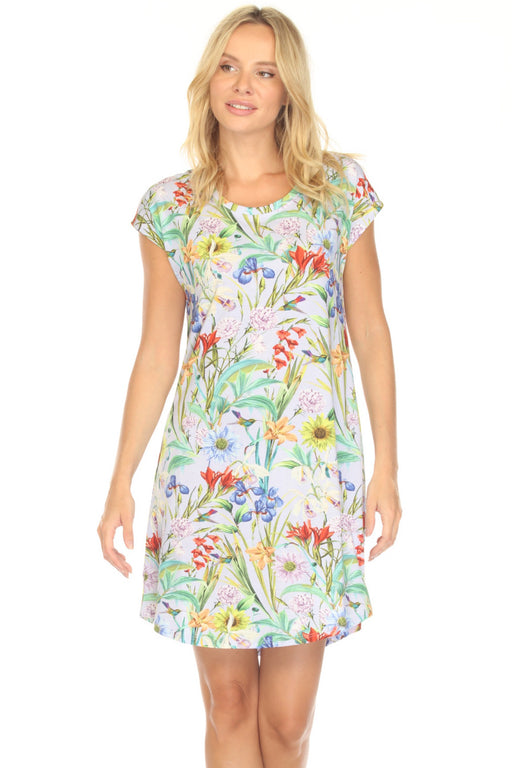 Woman wearing a colorful floral sleep dress with cap sleeves from Johnny Was