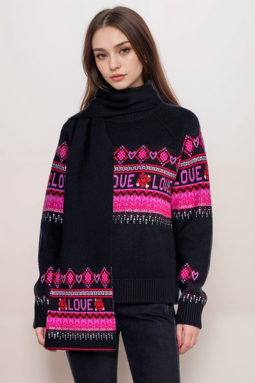 Woman wearing a black sweater and scarf with love and pink and red fair isle pattern