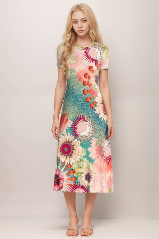Woman wearing a colorful floral midi dress with crew neck and short sleeves from Johnny Was
