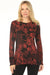 Woman wearing a black and red floral patterned t-shirt with crew neck and long sleeves from Johnny Was