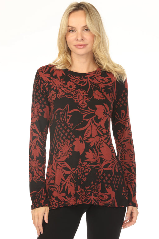 Woman wearing a black and red floral patterned t-shirt with crew neck and long sleeves from Johnny Was