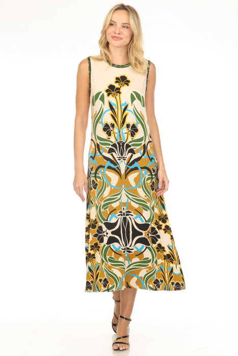 Woman wearing a printed midi dress with crew neck and sleeveless from Johnny Was