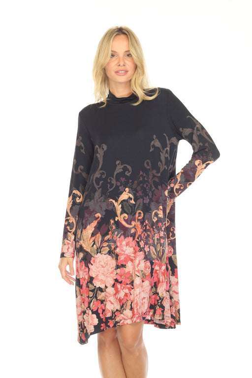 Woman wearing a black dress with floral pattern and mock neck from Johnny Was