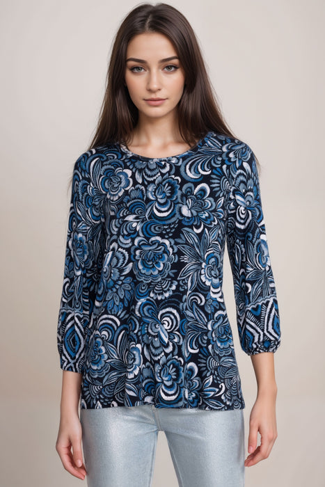 Johnny Was Style T12524-E Blue The Janie Favorite Puff Sleeve Knit Tee