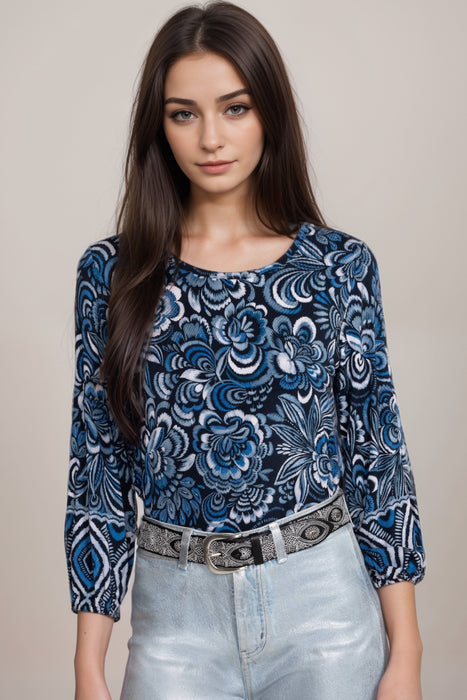 Johnny Was Blue The Janie Favorite Puff Sleeve Knit Tee T12524-E