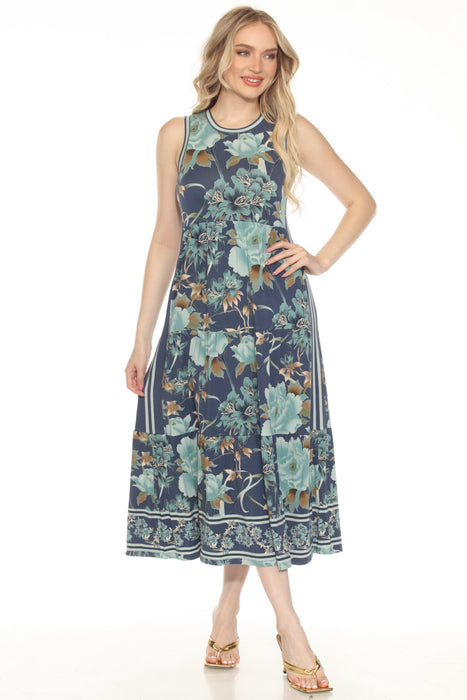 Woman wearing a floral sleeveless maxi dress