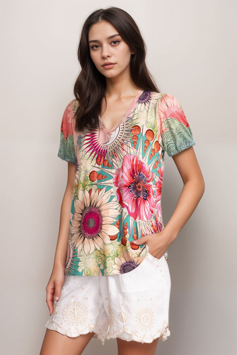 Johnny Was The Janie Favorite V-Neck Puff Sleeve Tee T15125-4