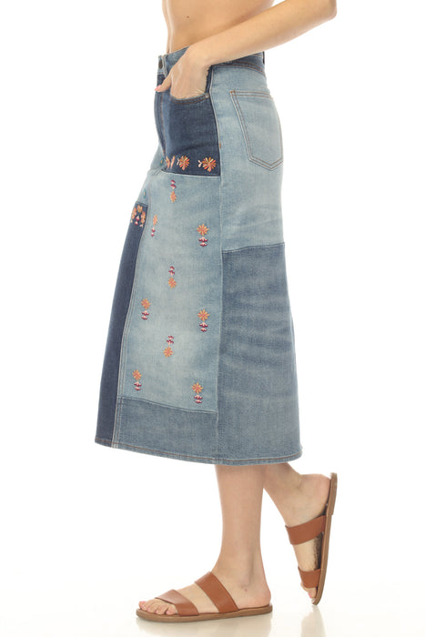 Johnny Was Blue The Patchwork Embroidered Denim Skirt JWD1171