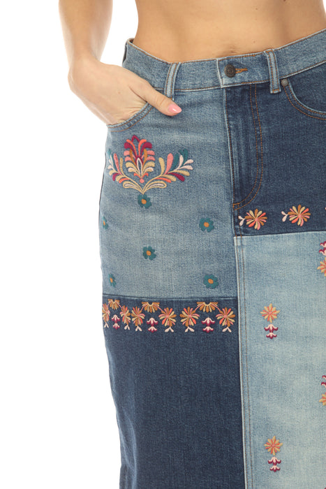 Johnny Was Blue The Patchwork Embroidered Denim Skirt JWD1171