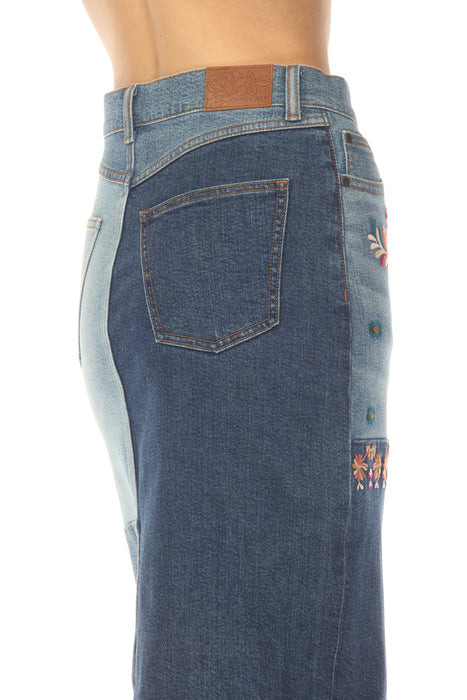 Johnny Was Blue The Patchwork Embroidered Denim Skirt JWD1171