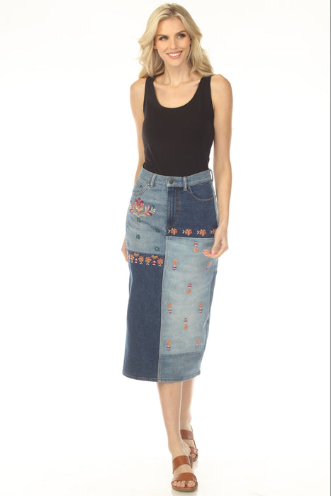 Johnny Was Blue The Patchwork Embroidered Denim Skirt JWD1171