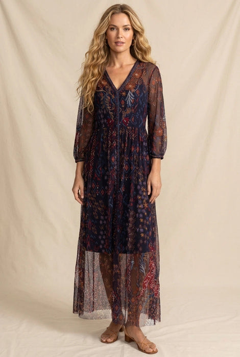 Woman wearing a printed and embroidered mesh maxi dress with v-neck and 3/4 bishop sleeves from Johnny Was