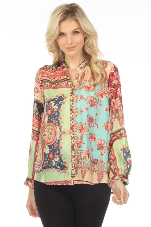 Johnny Was Style C15623 Thena Amabel Silk Printed Button-Down Blouse Boho Chic
