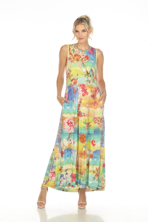Johnny Was Style T33423 Tie-Dye Floral Sleeveless Tiered Maxi Dress Boho Chic